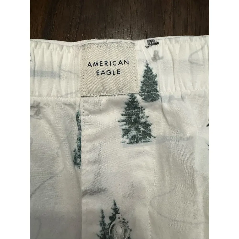 American Eagle white boxer shorts with green pine trees black skiers XS 26-28